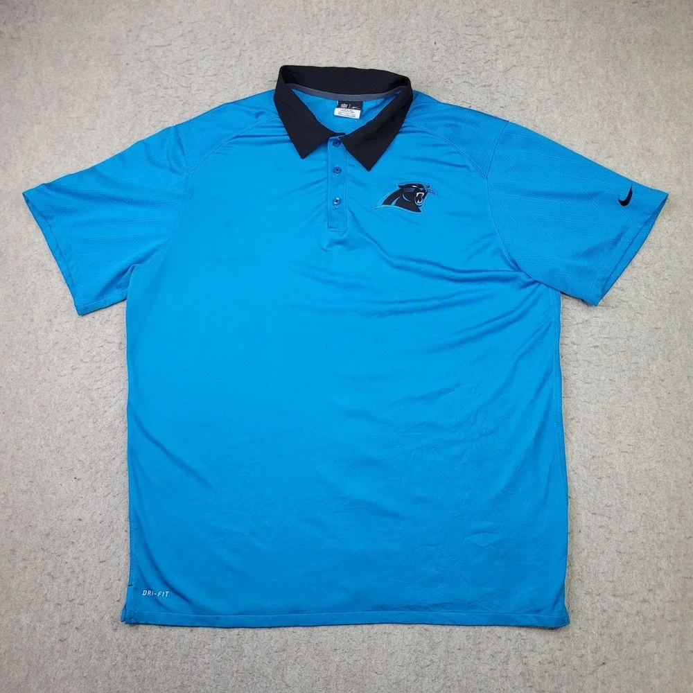 Nike Dri Fit Carolina Panthers Polo Shirt Mens 2XL Blue Short Sleeve Black Trim‎